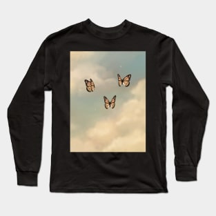 Butterflies Fluttering in Clouds Sunset Sky Long Sleeve T-Shirt